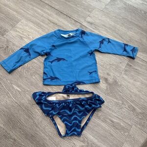 Tea Collection Rashguard Swimsuit Bathing Swim 12-18m Dolphins Blue Waves Ruffle